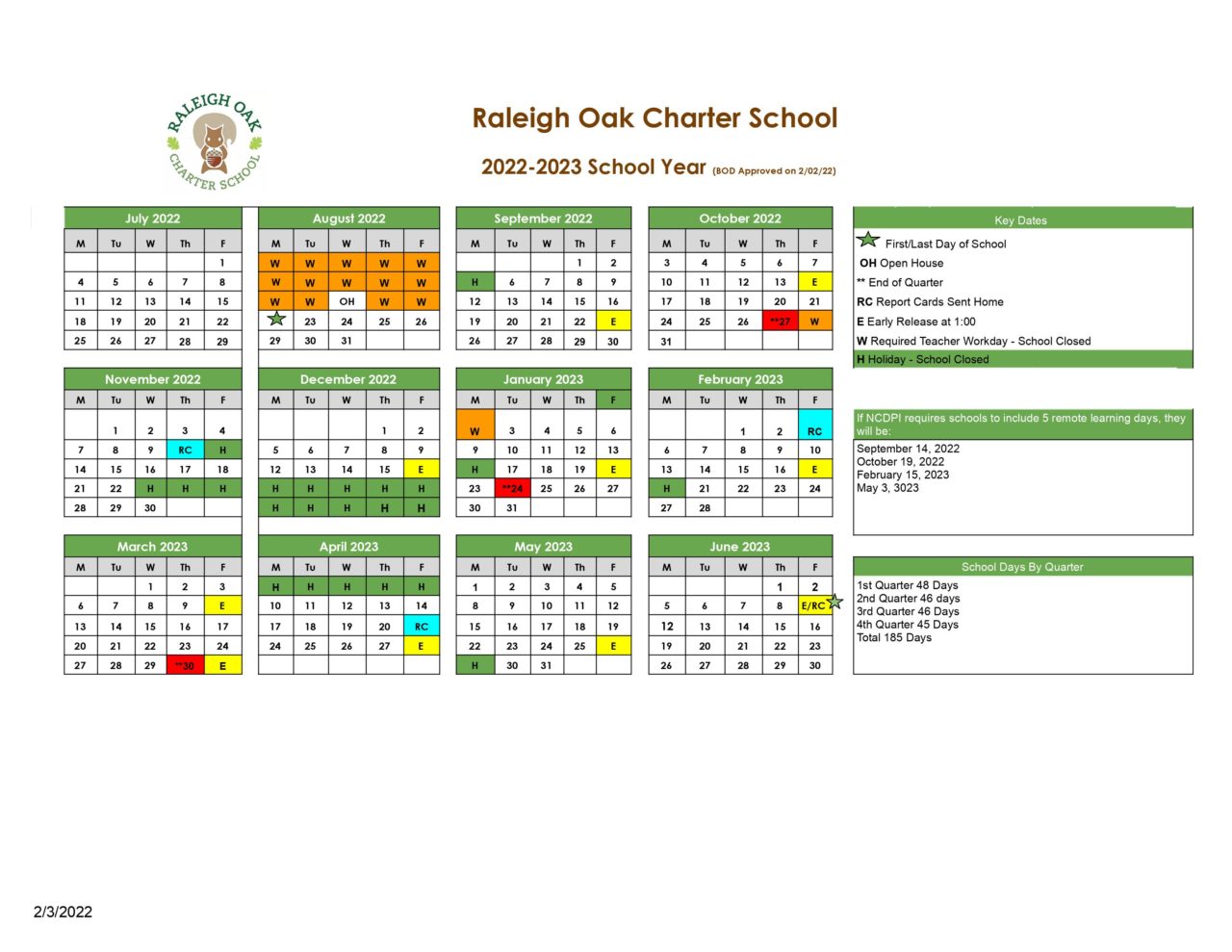 2223 School Year Calendar Raleigh Oak Charter School